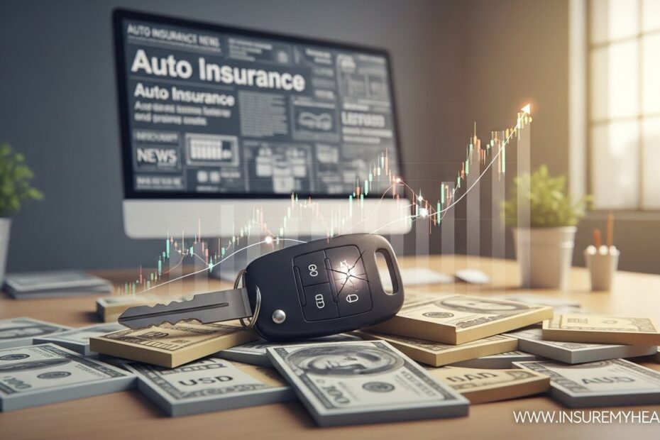 A frustrated driver reviewing rising auto insurance premium notices on a laptop while holding a bill.