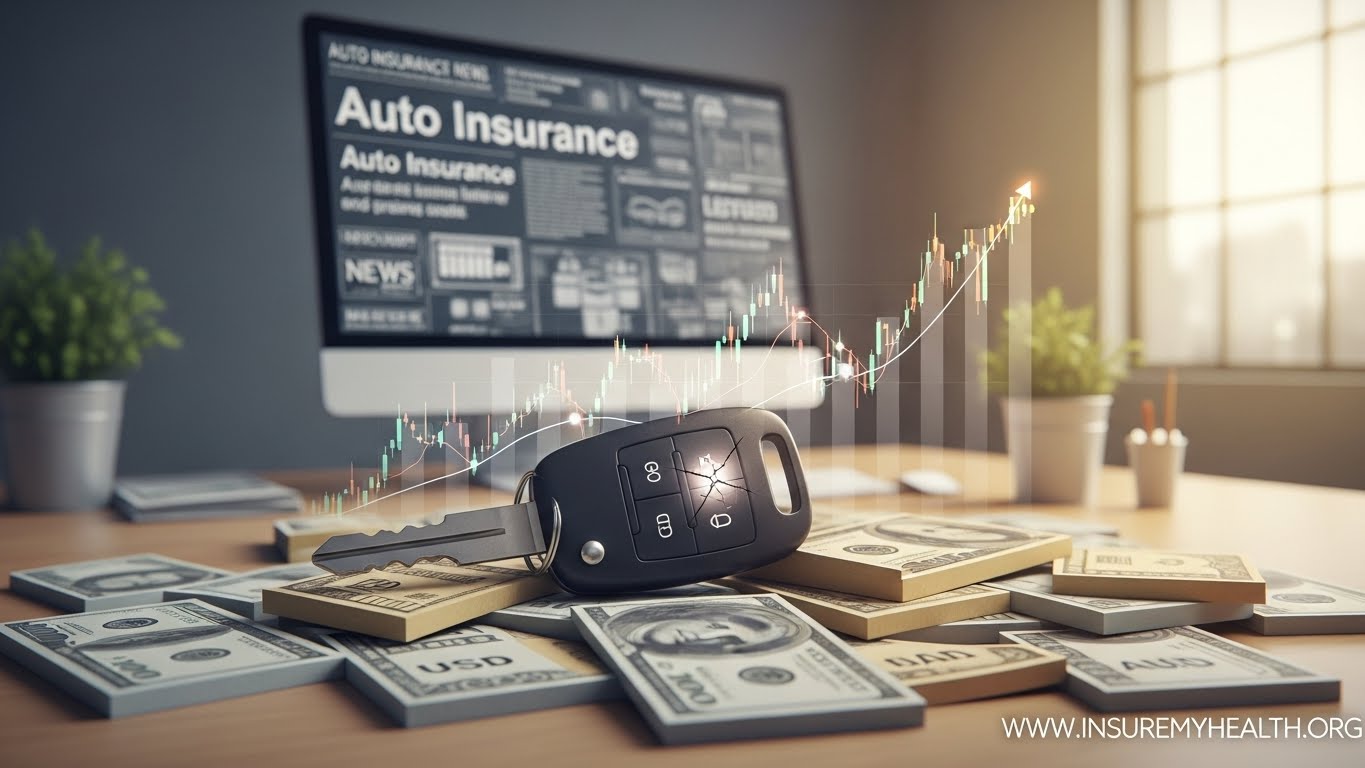 A frustrated driver reviewing rising auto insurance premium notices on a laptop while holding a bill.